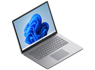 Kolmveerandvaade hõbevalget värvi Surface Laptop 4 15” seadmest.” renderdus.