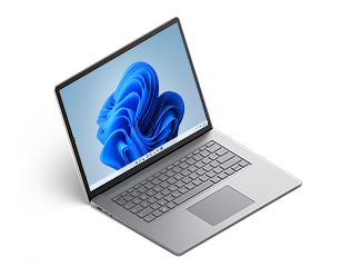 Kolmveerandvaade hõbevalget värvi Surface Laptop 4 13.5” seadmest.” renderdus.