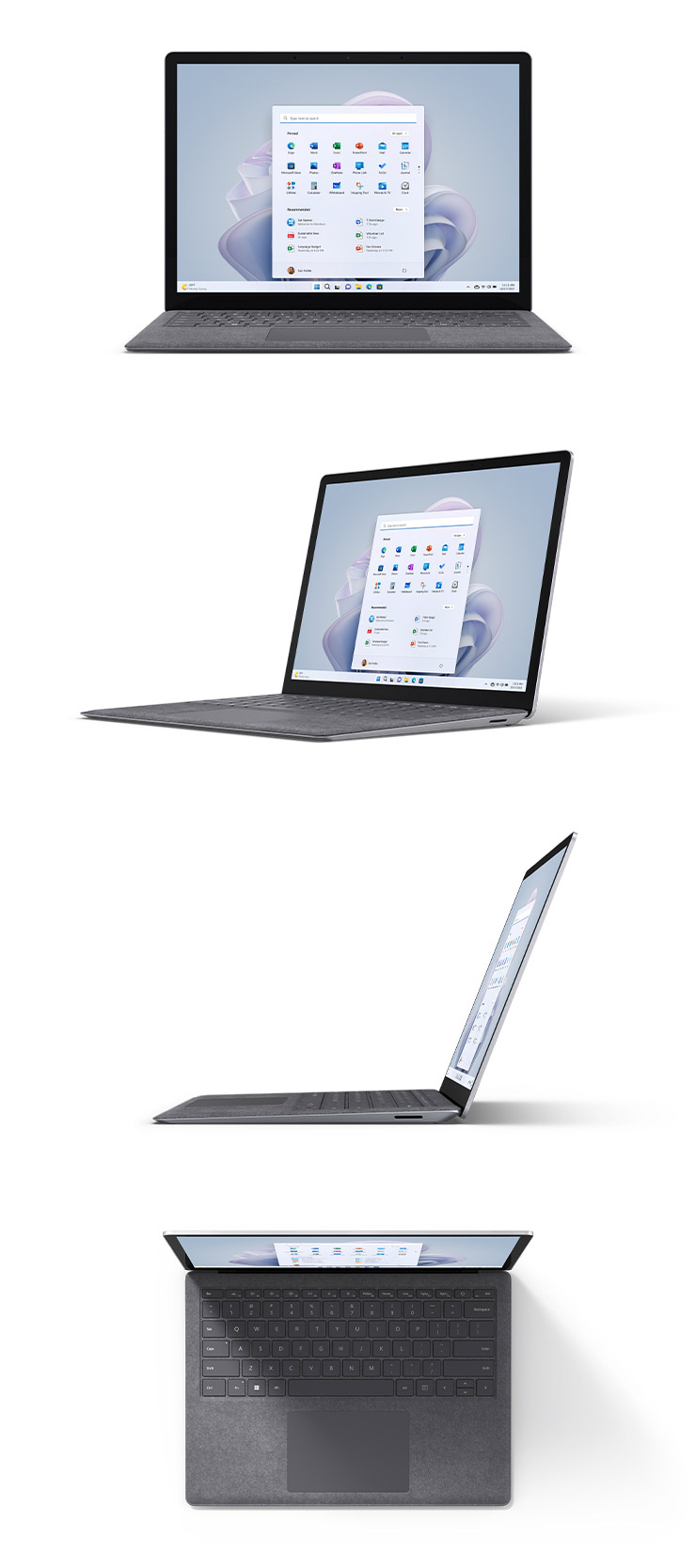 Surface Laptop 5 en version 13,5 pouces et en Alcantara couleur Platine : vue de face, de 3/4, de côté et d’en haut.