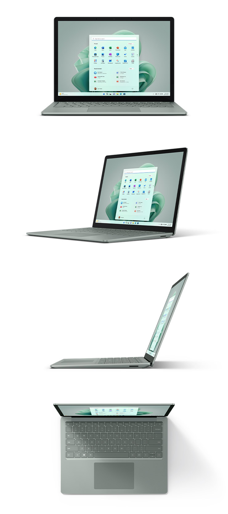 Surface Laptop 5 en version 13,5 pouces et en métal couleur Vert Sauge : vue de face, de 3/4, de côté et d’en haut.