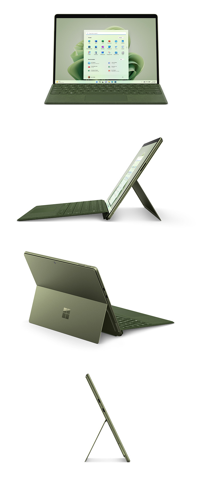 Surface Pro 9 couleur Forêt : vue de face avec un clavier Type Cover, vue du côté gauche avec un clavier Type Cover, vue de dos avec le pied multiposition intégré déployé et vue du côté droit.