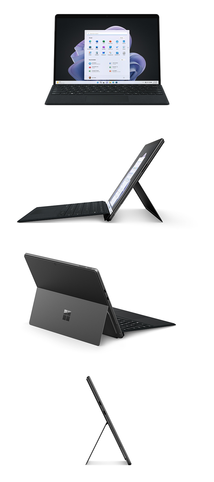 Surface Pro 9 couleur Anthracite de face avec un clavier Type Cover : vue du côté gauche avec un clavier Type Cover, vue de dos avec le pied multiposition intégré déployé et vue du côté droit.