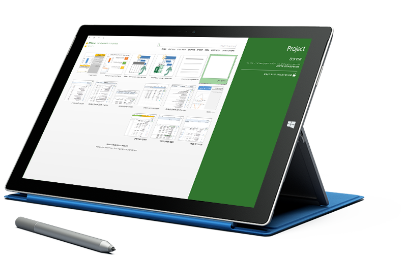 מחשב Tablet מסוג Microsoft Surface המציג את המסך 'פרוייקט חדש' ב- Microsoft Project.‏