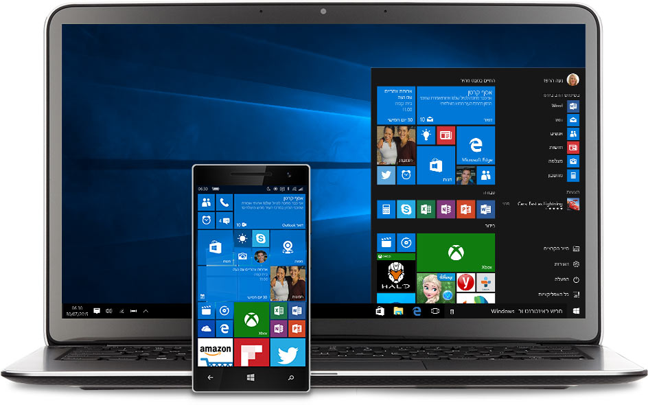 מחשב נייד וטלפון עם תפריט 'התחל' של Windows 10