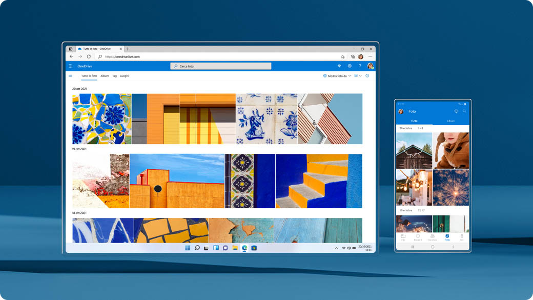 Schermata di Windows 11 e telefono con visualizzazione della finestra di backup di OneDrive