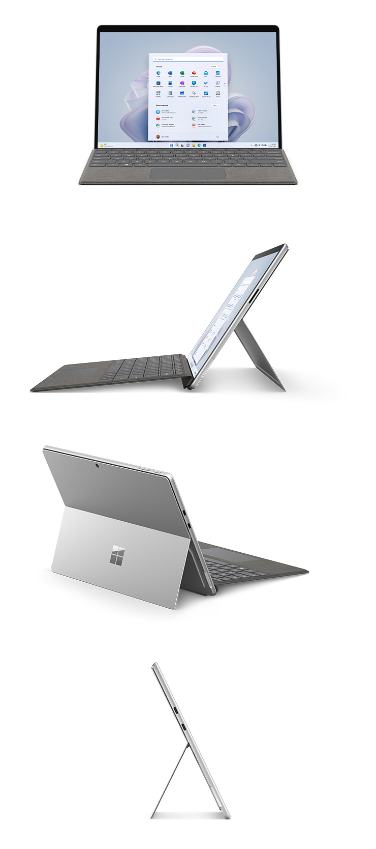 Un dispositivo Surface Pro 9 nel colore Platino visto frontalmente con una Cover con tasti, lateralmente verso sinistra con una Cover con tasti, posteriormente con il sostegno esteso e lateralmente verso destra.