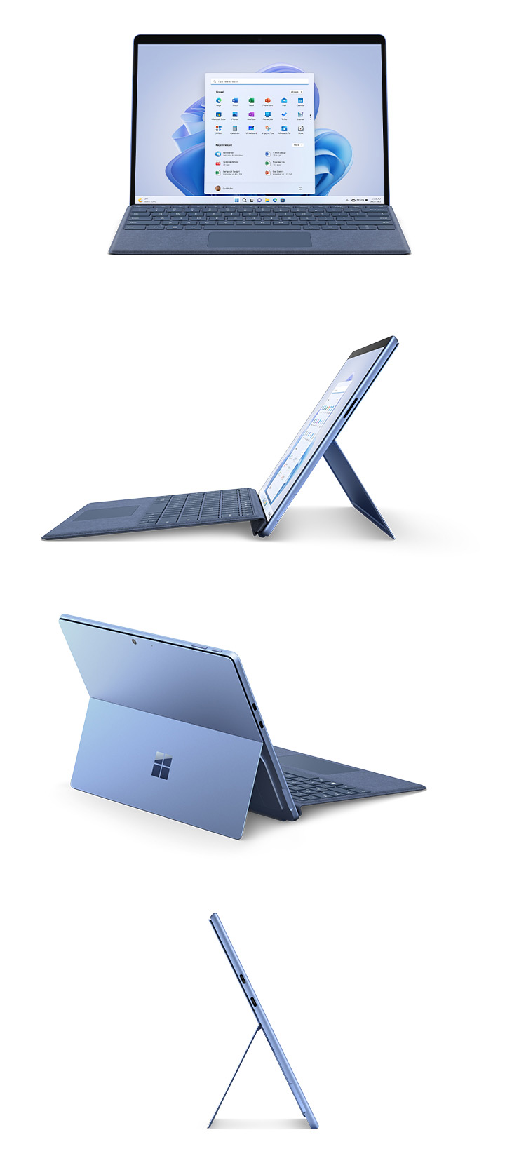 Un dispositivo Surface Pro 9 nel colore Zaffiro visto frontalmente con una Cover con tasti, lateralmente verso sinistra con una Cover con tasti, posteriormente con il sostegno esteso e lateralmente verso destra.