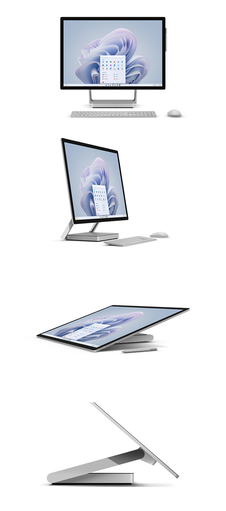 Un dispositivo Surface Studio 2+ visto frontalmente con tastiera, mouse e penna per Surface, visto da 3/4 con una tastiera e un mouse, reclinato in posizione praticamente piatta con una penna per Surface e visto lateralmente per mostrare la tecnologia della cerniera.