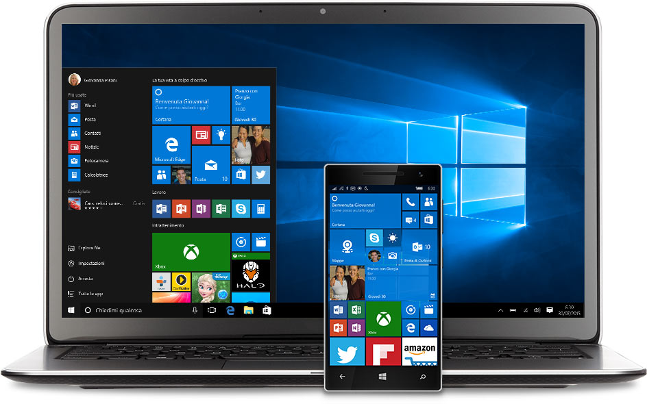 Laptop e telefono con il menu Start di Windows 10