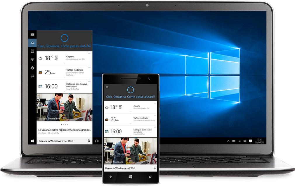 Laptop e telefono Windows con Cortana sugli schermi