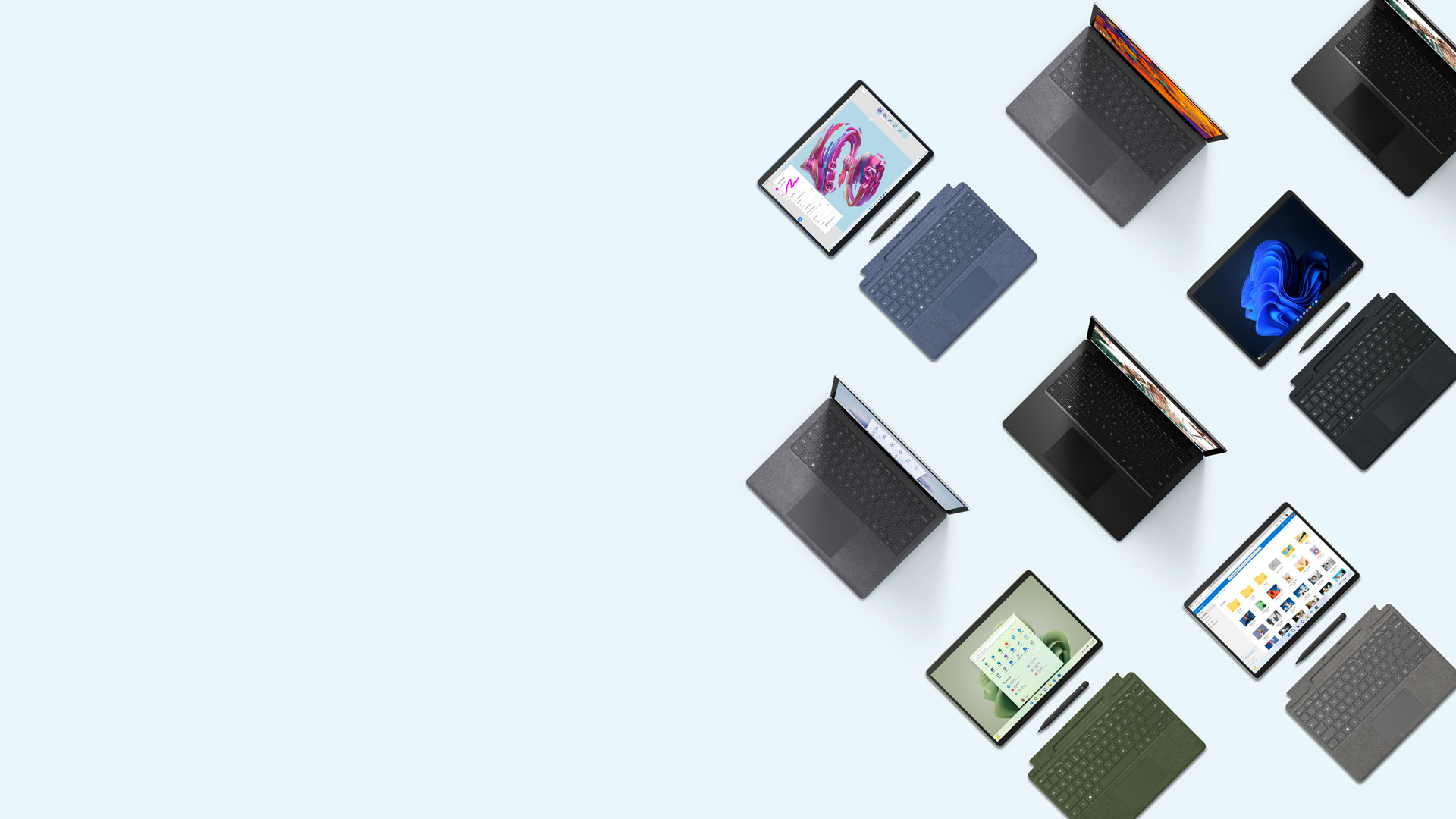さまざまな色でタイプカバーの色もマッチした Surface Pro 9 と、Surface Laptop 5 もさまざまな色のものを、いくつか上から見た画像
