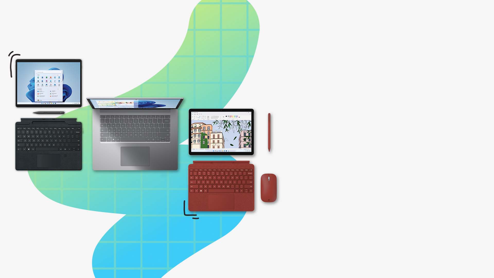 Een afbeelding van Surface Pro 8, Surface Laptop 4 en Surface Go 3 van links naar rechts.