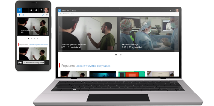 Telefon z wyświetlonym klipem wideo oraz tablet z wyświetloną galerią wideo w portalu Wideo w usłudze Office 365.