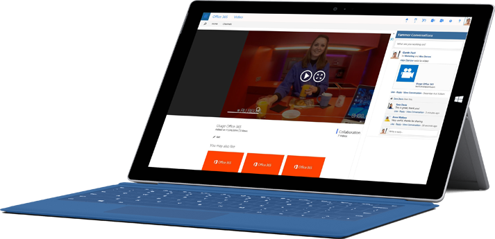 Tablet z wyświetloną stroną w portalu Wideo w usłudze Office 365 umożliwiającą przekazywanie klipów wideo.
