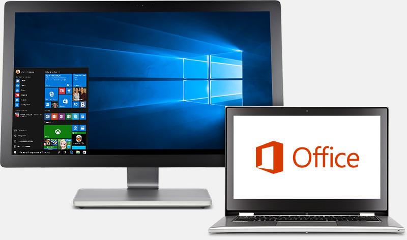 Ноутбук с Office и моноблок с Windows 10 на экране.