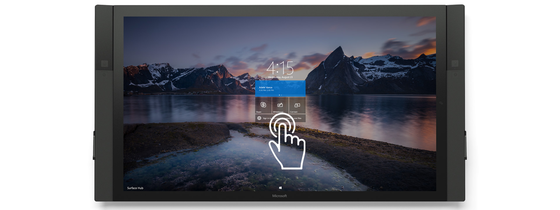 Vy framifrån av Surface Hub med startskärm med naturtema, och med en touchikon.