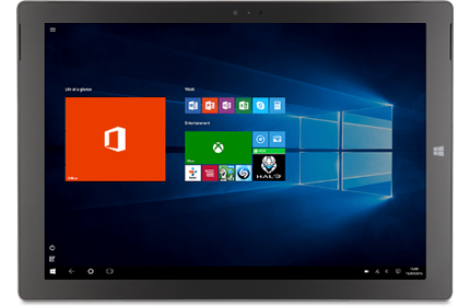 Windows 10 ile mükemmel: Windows 10 Başlangıç ekranında Office'i, Office uygulamasını ve diğer kutucukları gösteren tablet.