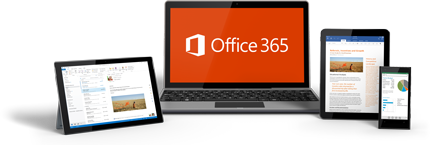 显示正在使用中的 Office 365 的智能手机、台式机显示器和平板电脑。