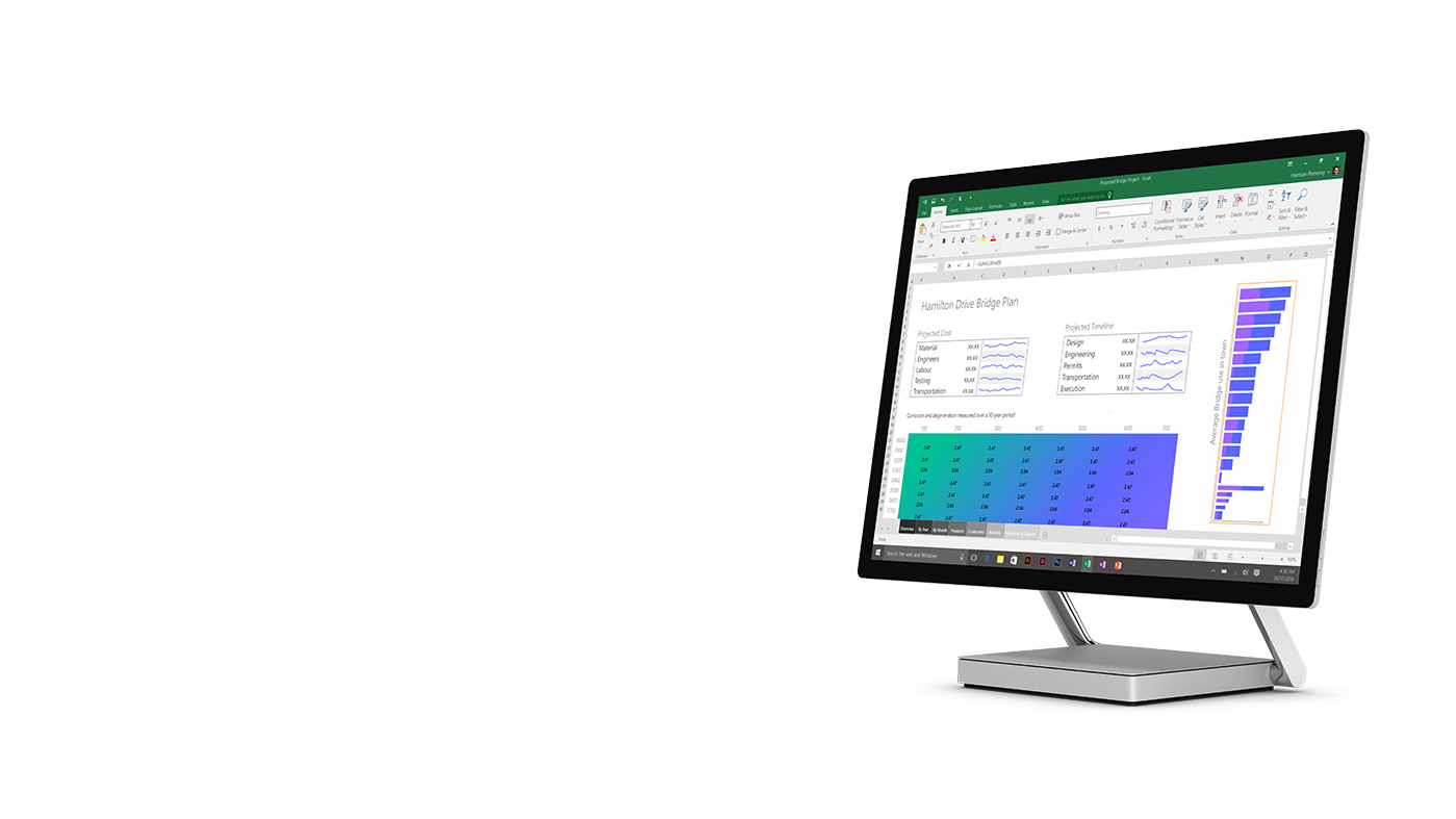 Surface Studio 處於桌上型電腦模式的，並且螢幕上顯示已開啟的 Excel 試算表