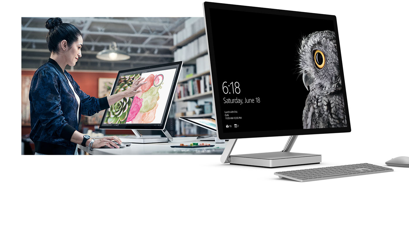 女人觸碰採用桌面模式的 Surface Studio 顯示器，旁邊是 Surface Studio 的產品
